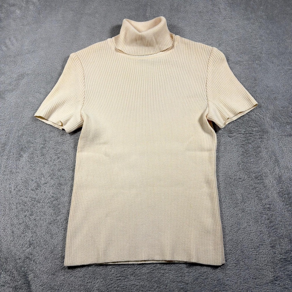 St John Sweater Womens Medium Cream Wool Blend Turtle Neck Rib Knit Short Sleeve